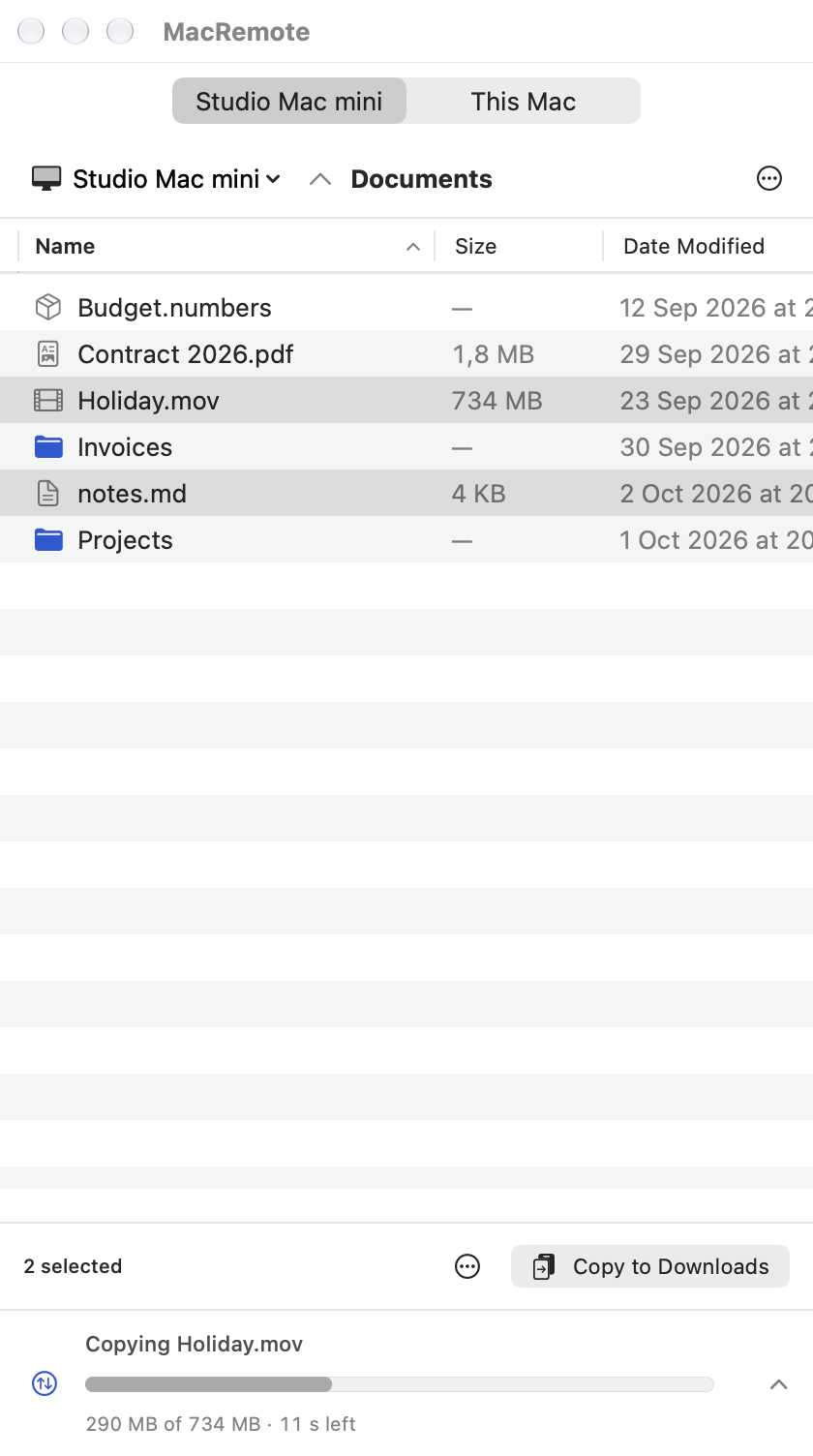 MacRemote file manager on a narrow screen