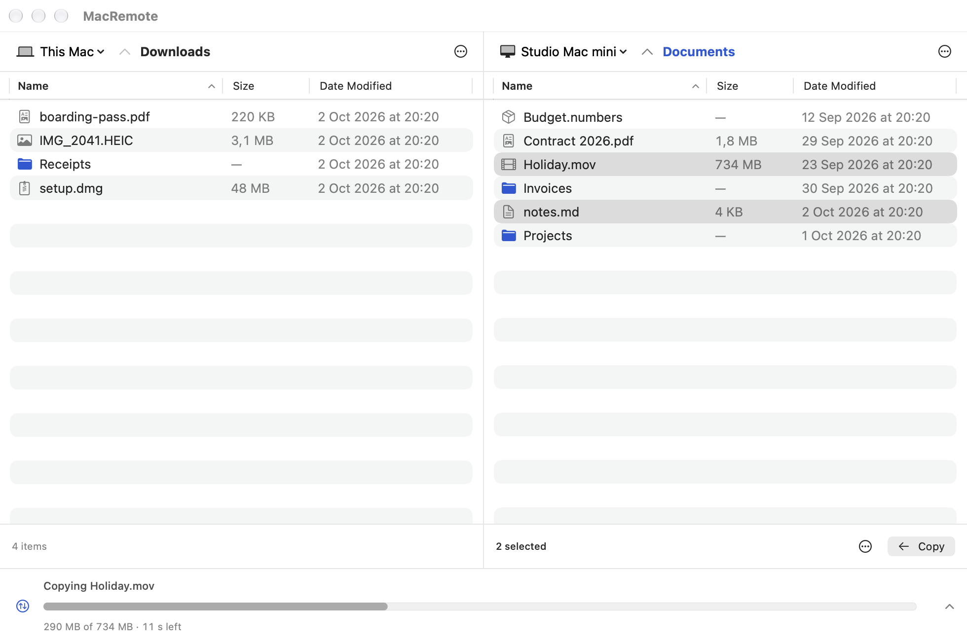 Two-pane file manager copying a movie from the Mac