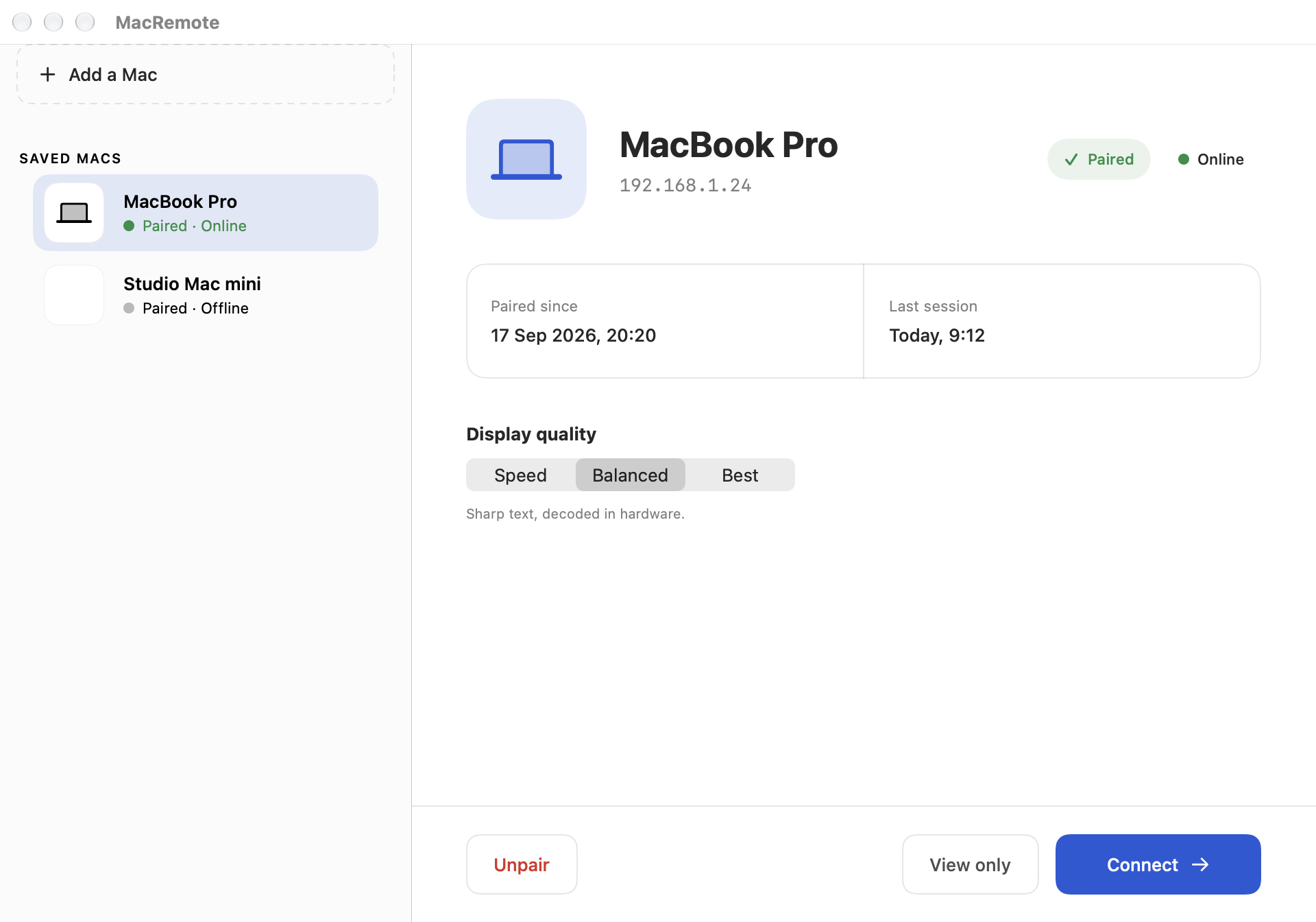 A paired Mac in the MacRemote app, with display quality and Connect