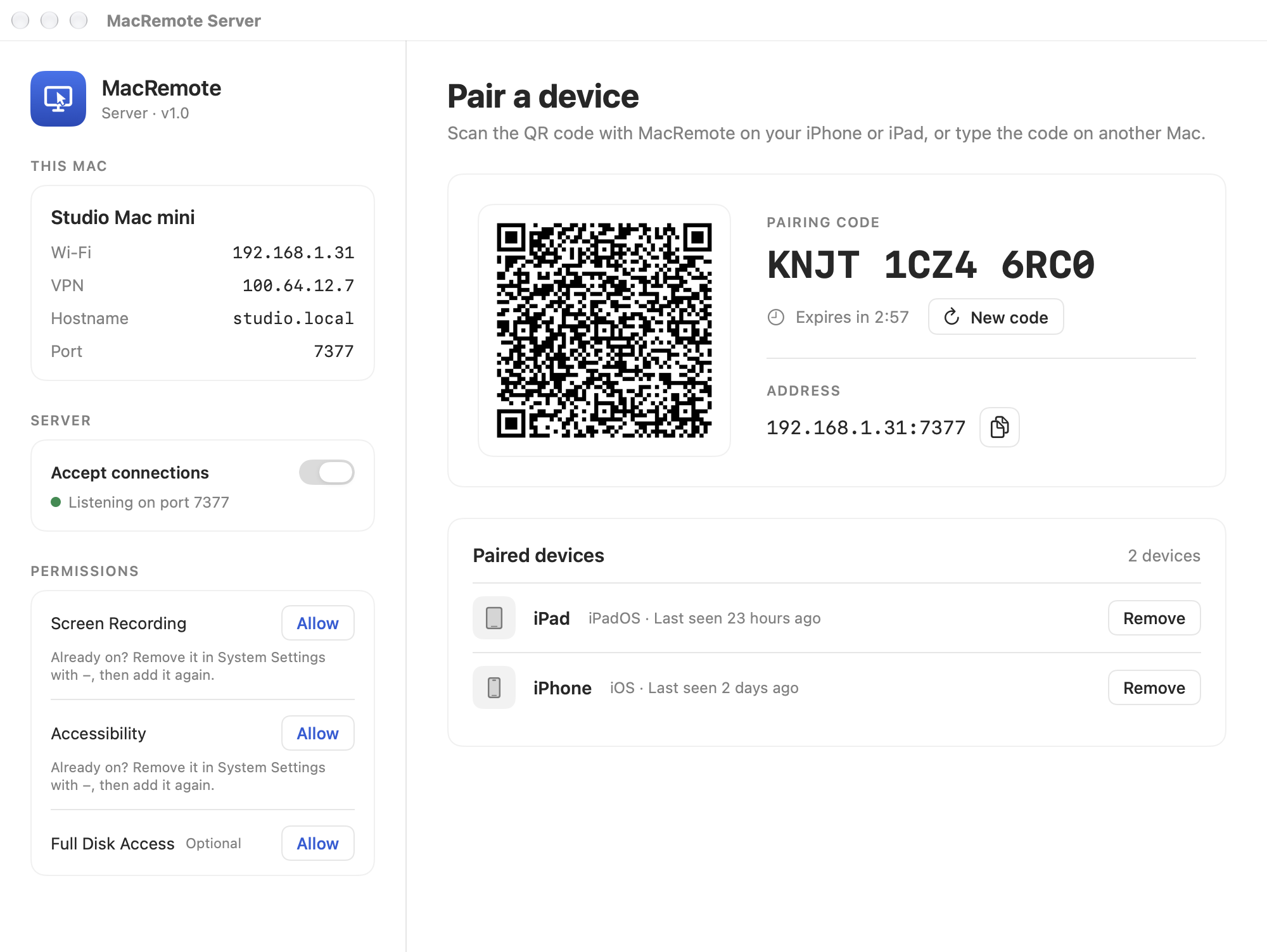 MacRemote Server: pairing code, QR code and paired devices